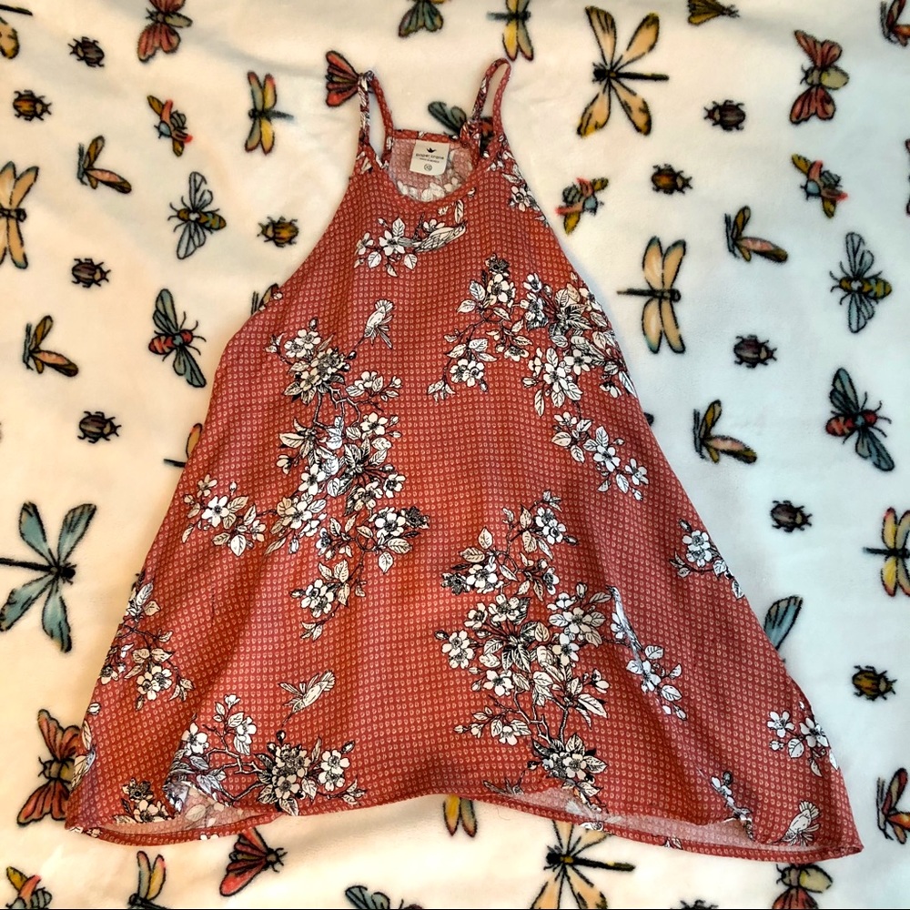 Floral & bird print halter top with button neck